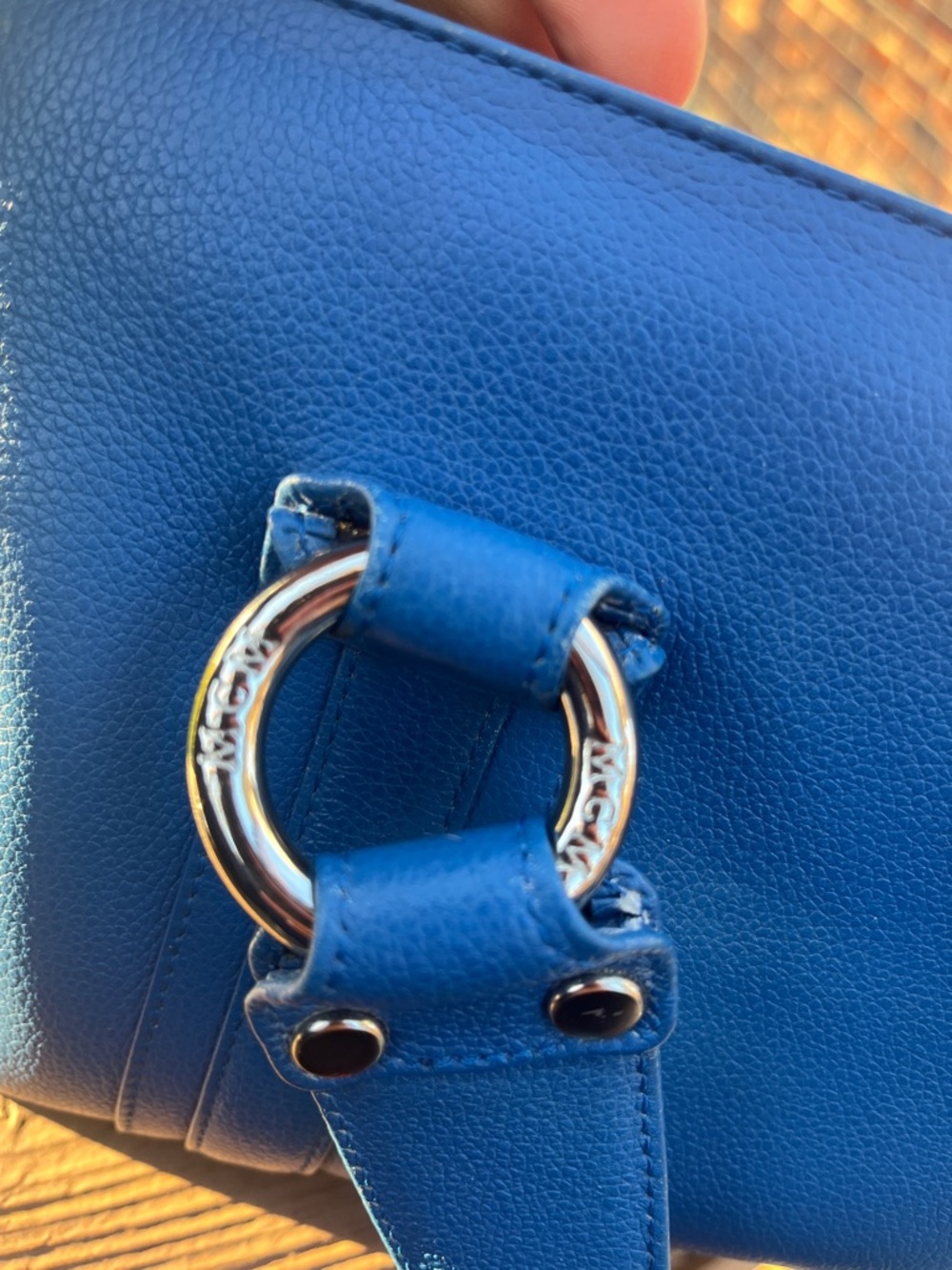 MCM  Blue Leather Satchel with Silver Hardware and end pockets - Picture 11 of 15